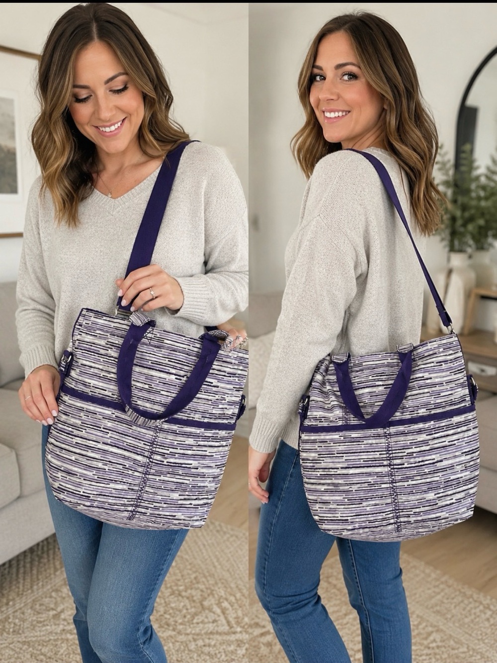 Thirty-one Retro Metro canvas tote Grey Geo stripe brand new in bag